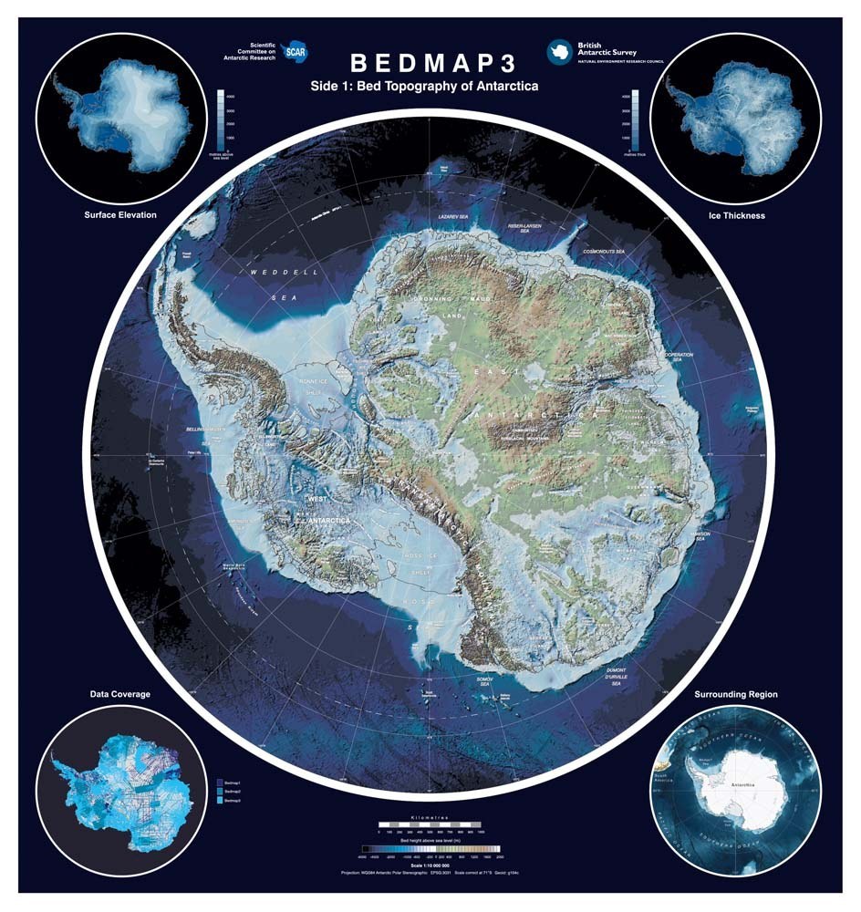 Mappa Bedmap3 della topografia rocciosa sotto la calotta antartica Mappa Bedmap3 della topografia rocciosa sotto la calotta antartica