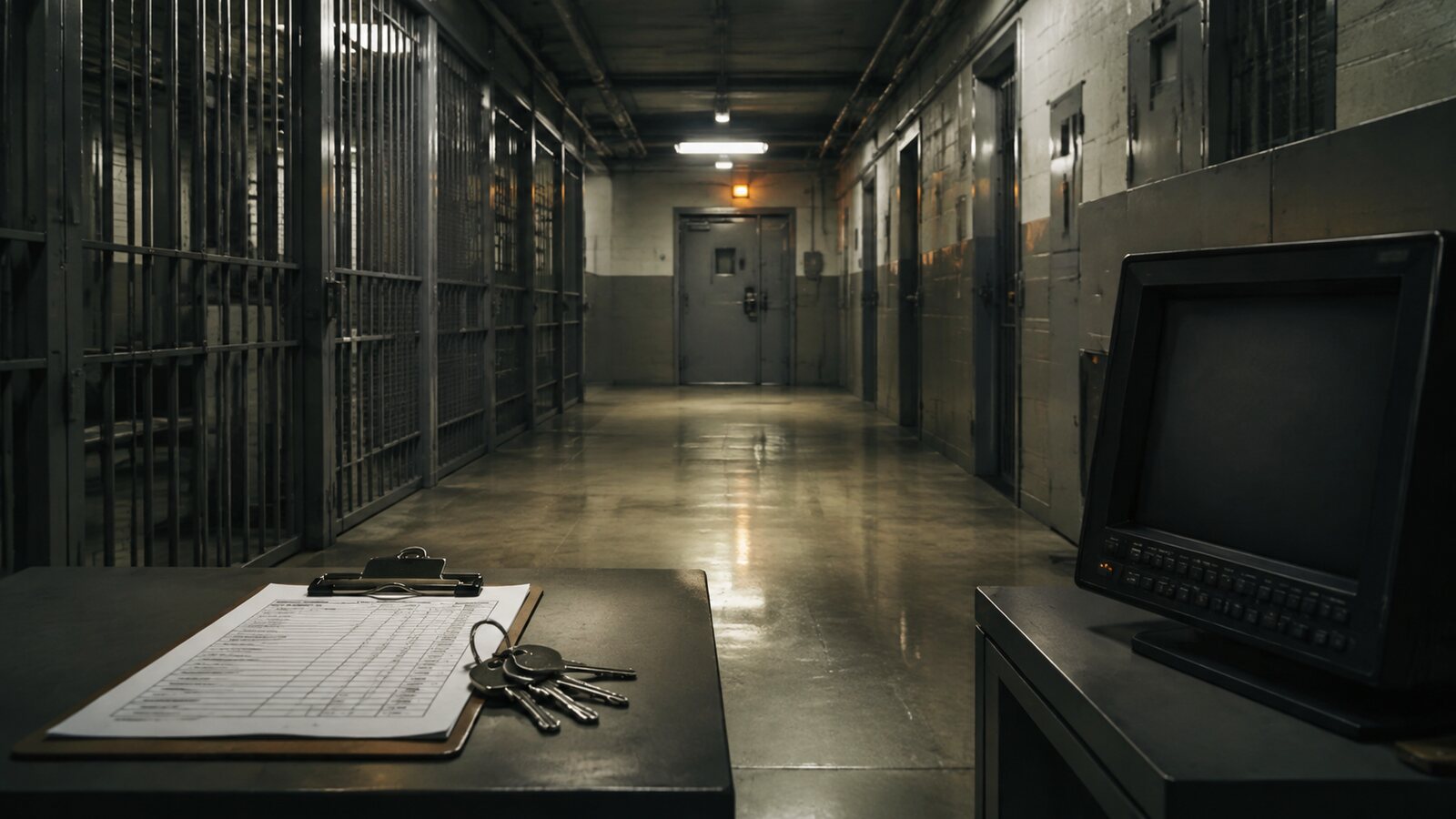 Corridoio carcerario vuoto con monitor spento, registro dei controlli e chiavi