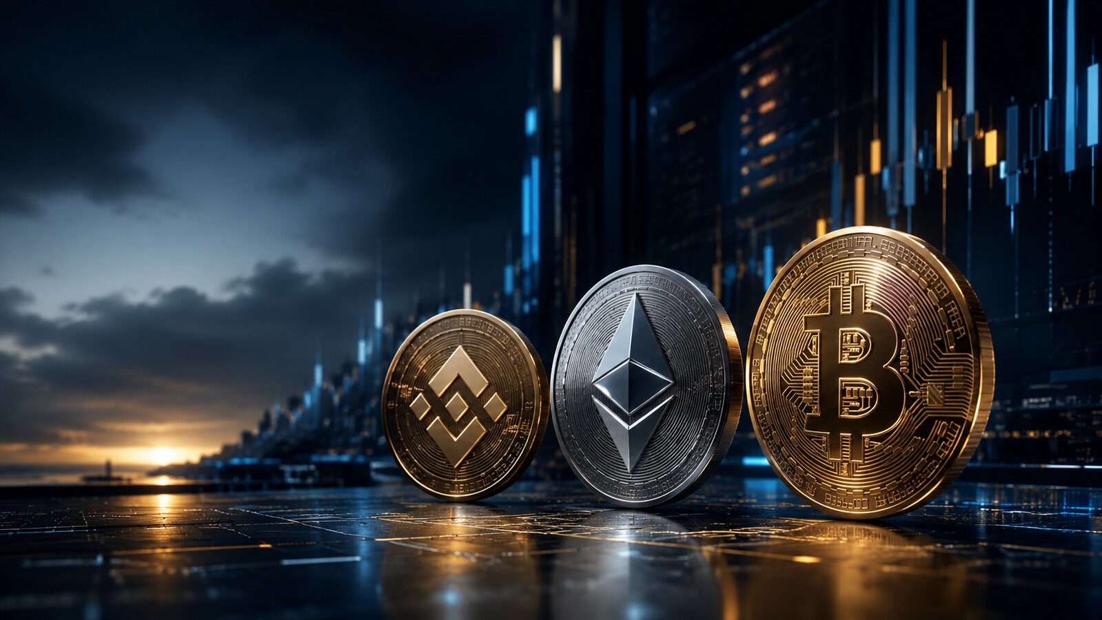 Bitcoin Ethereum e BNB in una rappresentazione editoriale del mercato crypto 2026