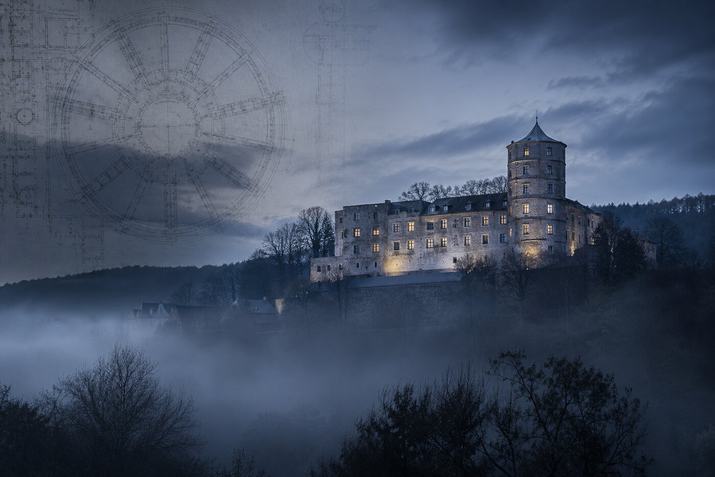 Veduta illustrata e documentaria del castello di Wewelsburg al crepuscolo con sovrapposizione di disegni architettonici