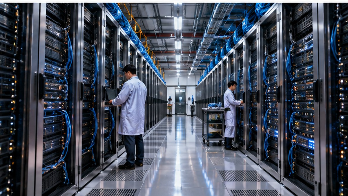 Ricostruzione fotorealistica di un grande data center dedicato all'intelligenza artificiale
