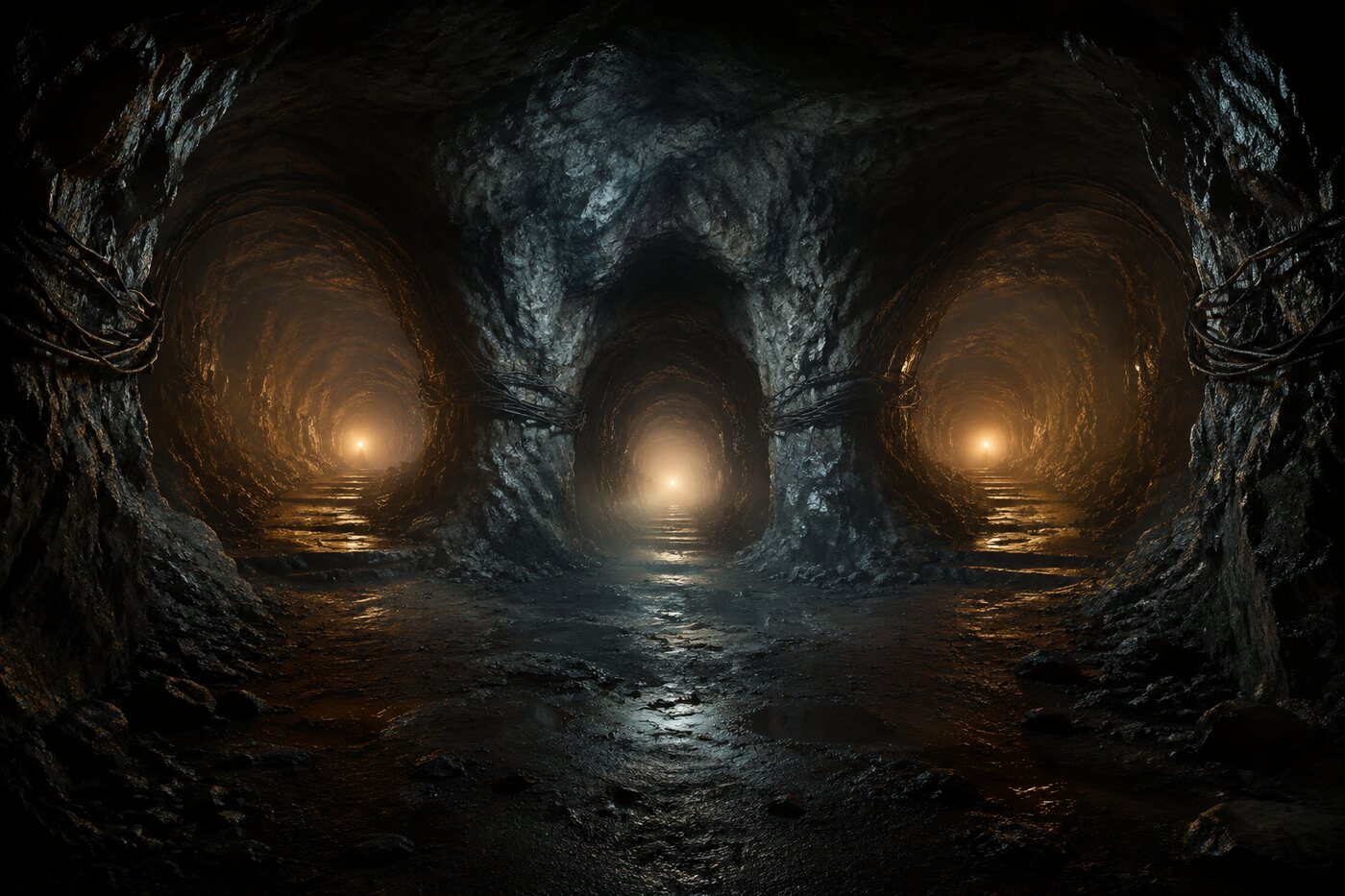 Grotta immaginaria con tre tunnel illuminati, simbolo delle diramazioni temporali di Dark
