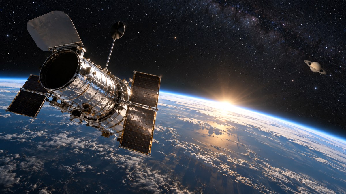 Ricostruzione editoriale del telescopio spaziale Hubble durante l’osservazione di Saturno