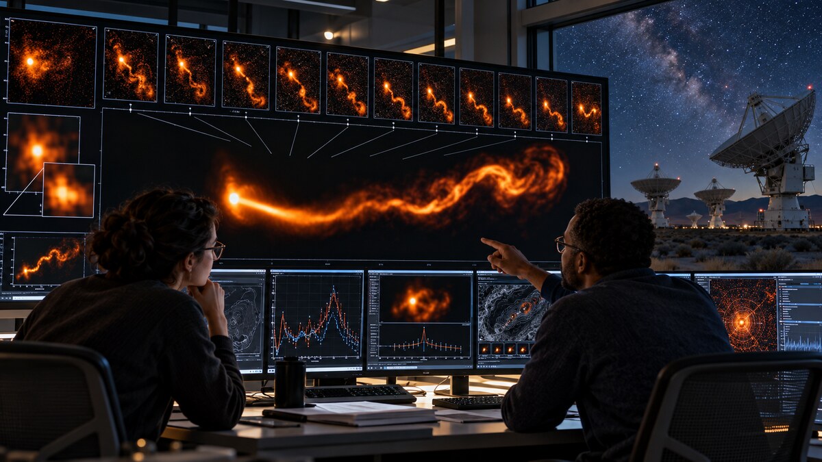 Ricostruzione editoriale di astronomi che trasformano osservazioni radio sparse in una sequenza continua