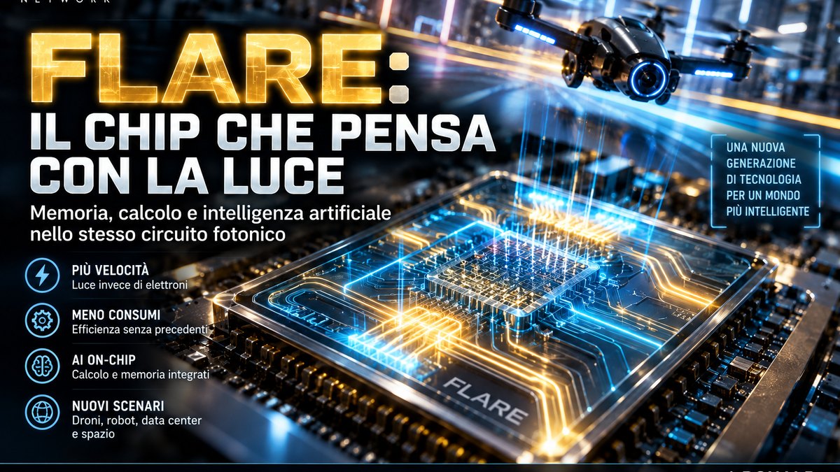 Visualizzazione editoriale di un processore fotonico FLARE con circuiti luminosi