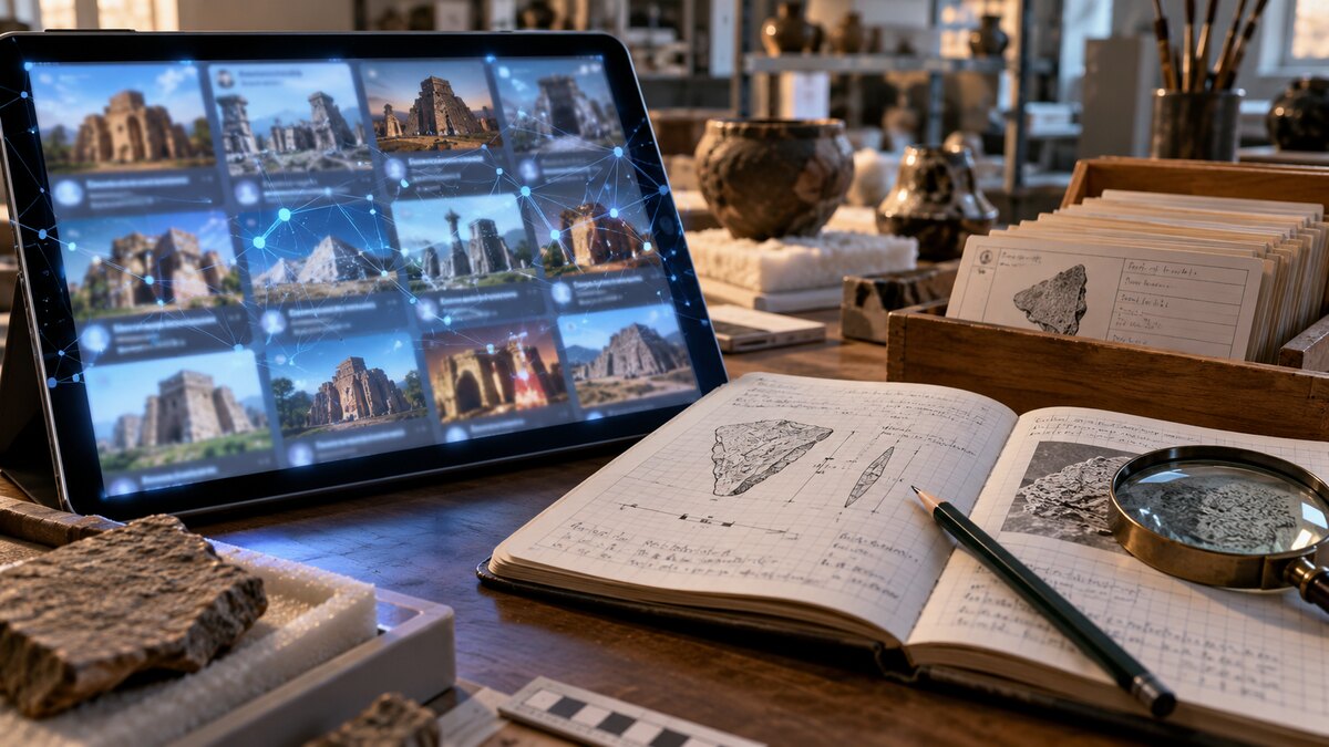 Ricostruzione editoriale di un tablet con contenuti pseudoarcheologici accanto a note e schede di ricerca
