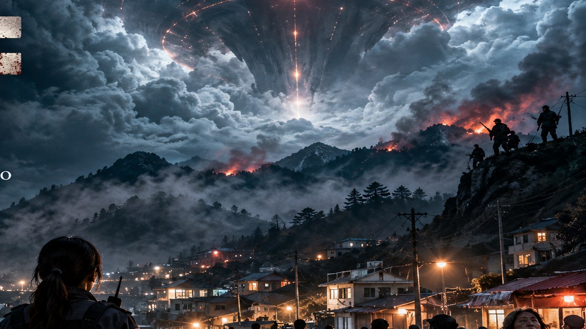Anomalia cosmica sopra montagne e villaggio coreano