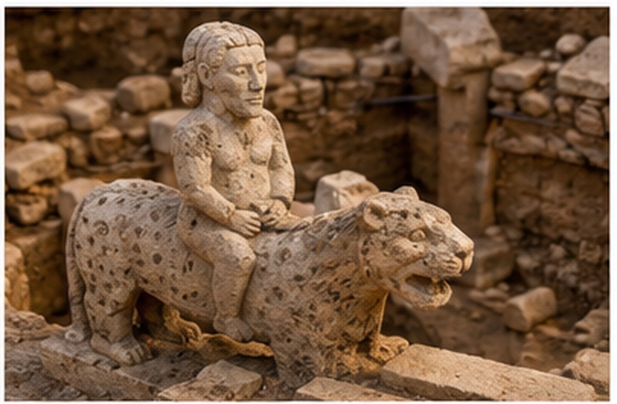 Ricostruzione editoriale della scultura dell’uomo sul leopardo di Karahantepe