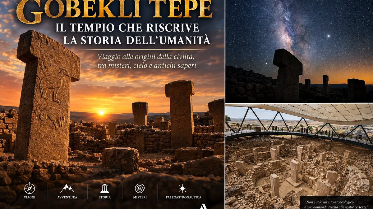 Ricostruzione editoriale di Göbekli Tepe tra scavi, cielo stellato e paesaggio anatolico