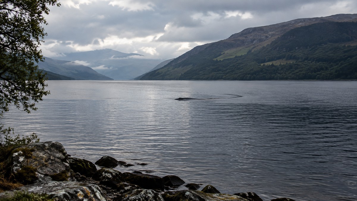 Ricostruzione editoriale di una forma scura nelle acque di Loch Ness