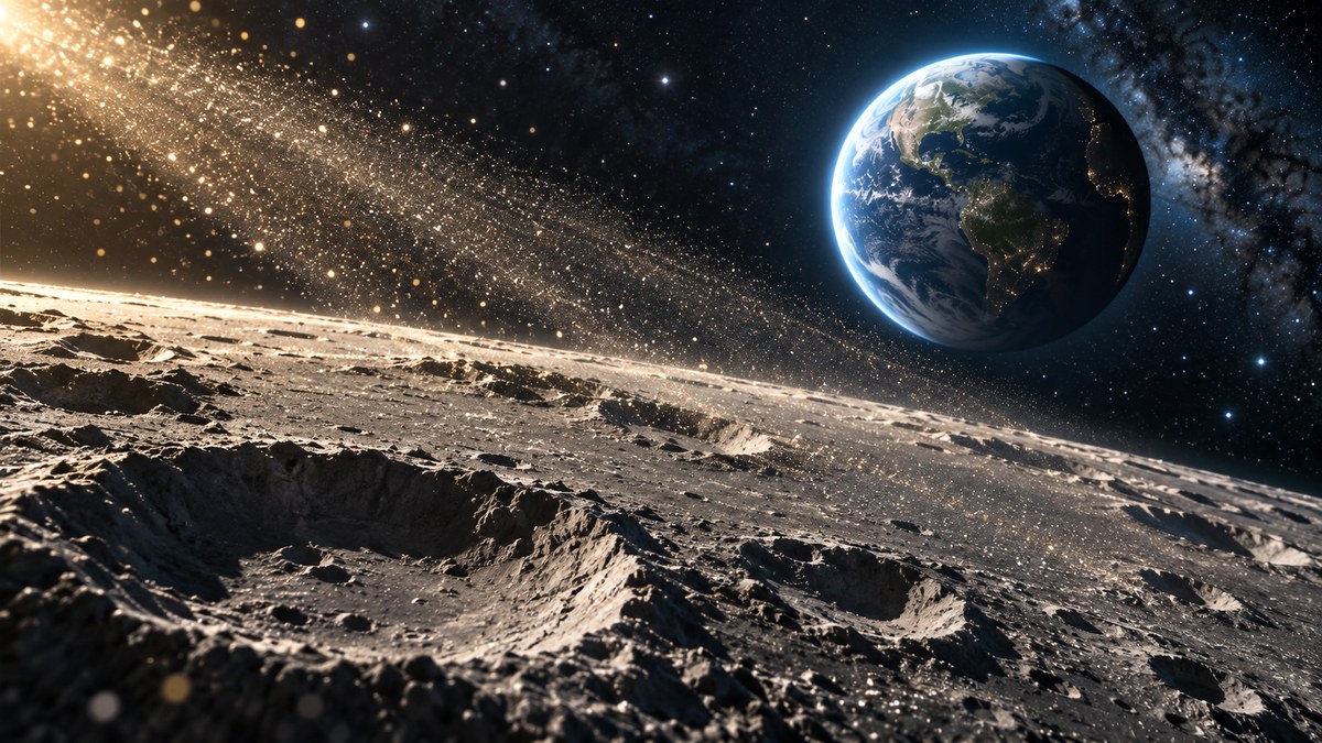 Ricostruzione editoriale di polvere interstellare che raggiunge la superficie lunare