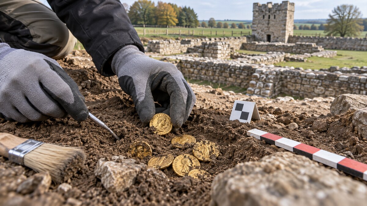 Ricostruzione editoriale di archeologi che recuperano solidi romani presso un fortino tardo-antico