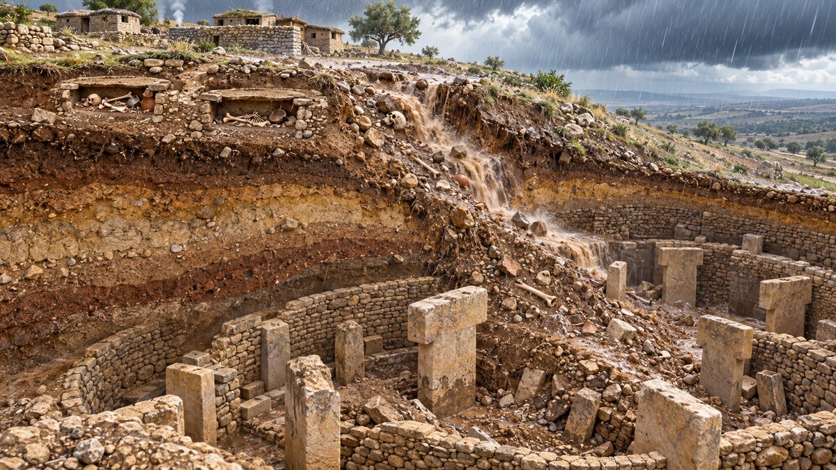 Ricostruzione editoriale dell'erosione che trascina sedimenti e ossa verso gli edifici monumentali