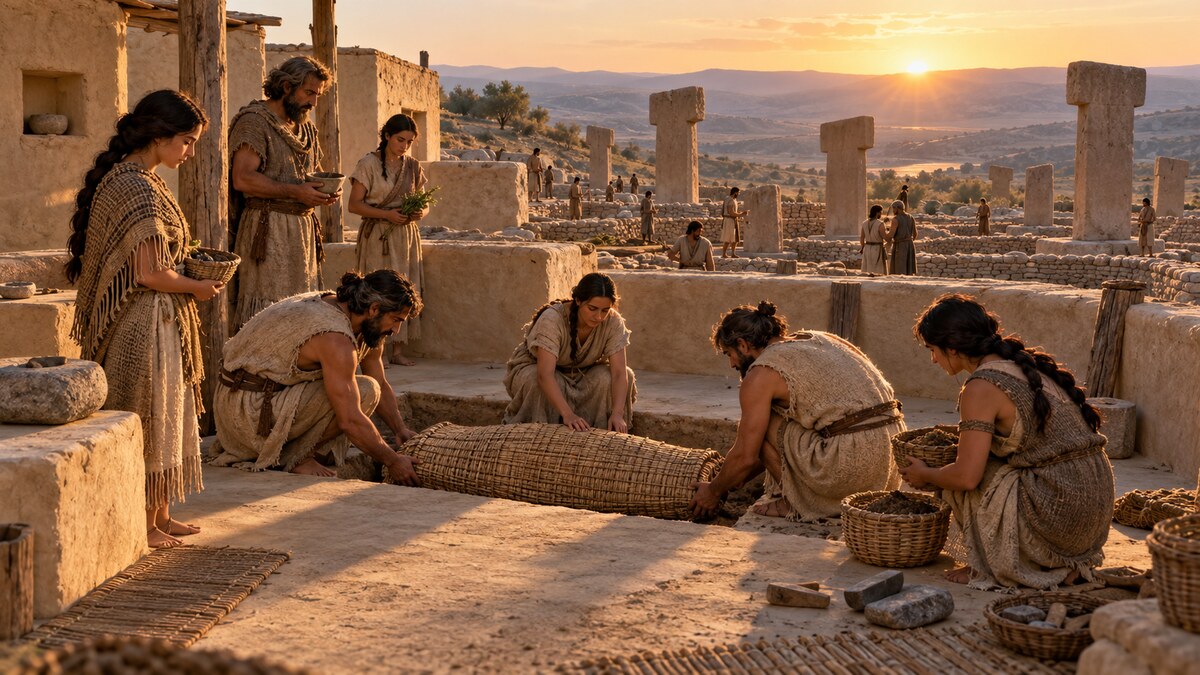Ricostruzione editoriale di una sepoltura sotto il pavimento a Göbekli Tepe