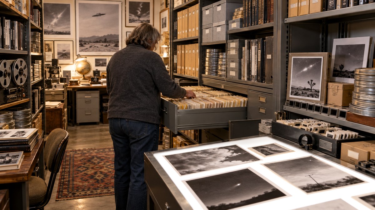 Archivista consulta una vasta raccolta storica di fascicoli e fotografie UFO