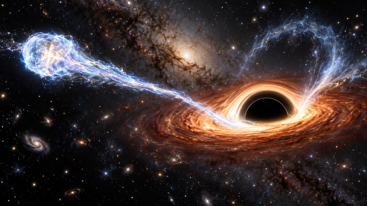 Ricostruzione astronomica di una stella deformata e distrutta da un buco nero supermassiccio