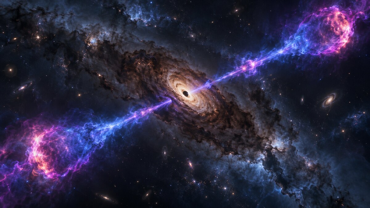 Ricostruzione astronomica di getti di plasma che emergono da un nucleo galattico attivo