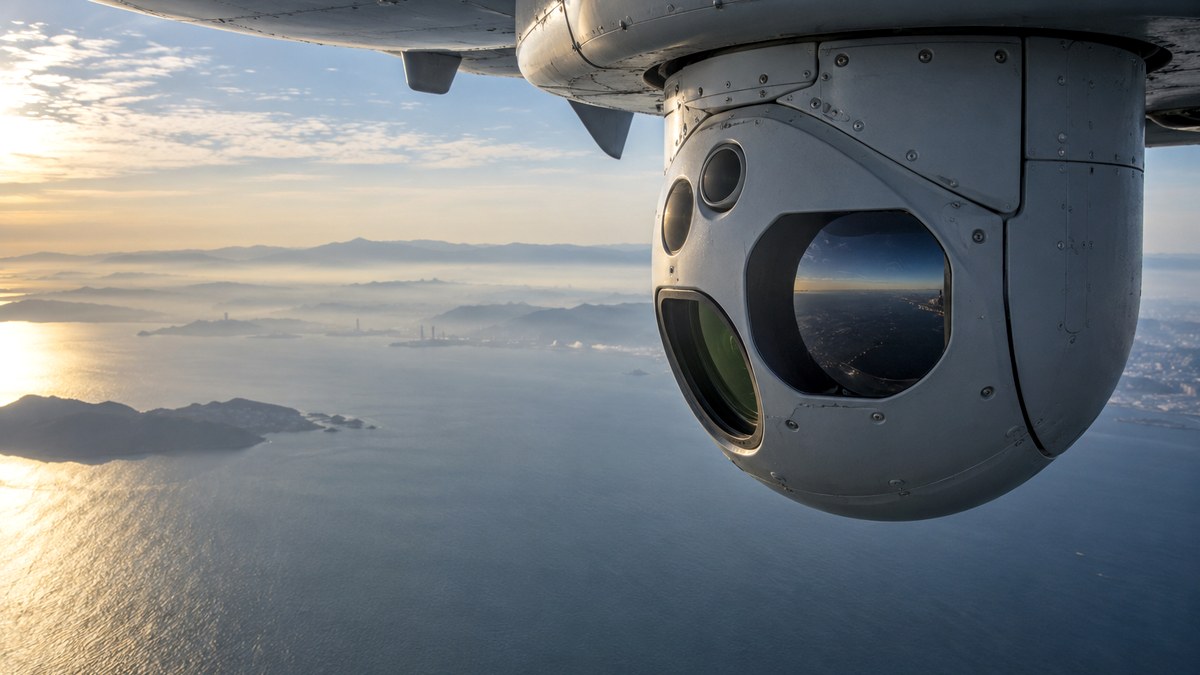 Torretta elettro-ottica sotto un velivolo sopra il mare