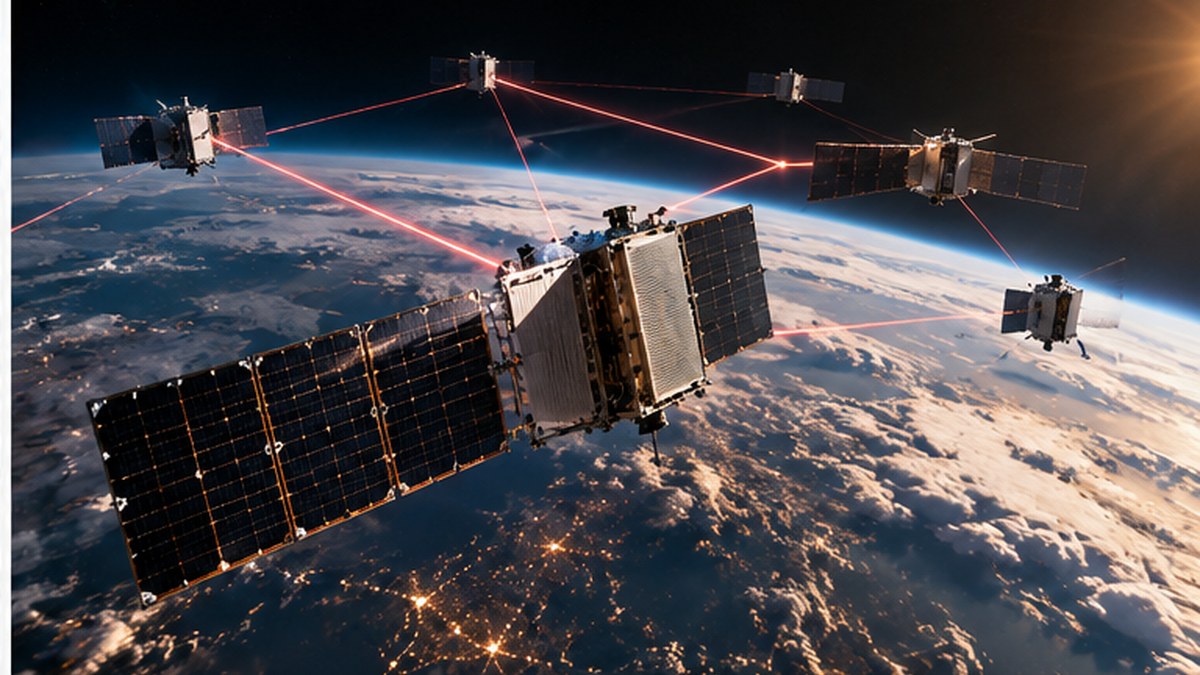 Ricostruzione realistica di una futura rete di satelliti AI collegati da laser