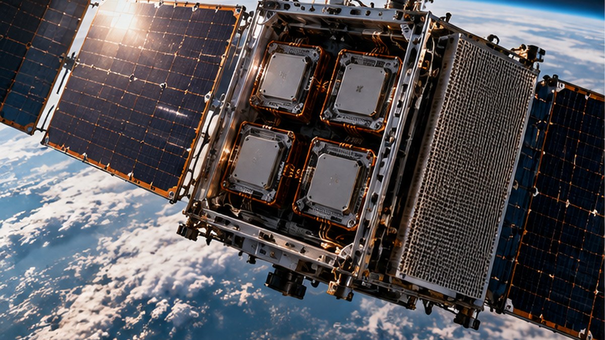 Ricostruzione realistica di un satellite sperimentale con acceleratori AI in orbita