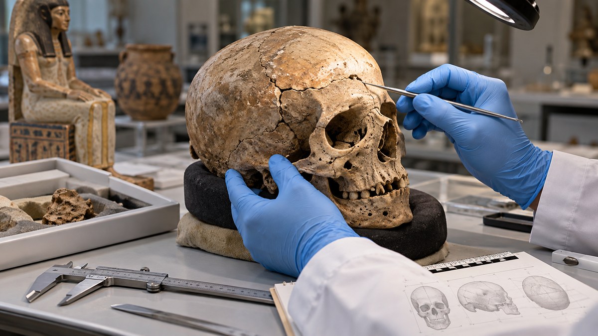 Ricostruzione editoriale di un esame bioarcheologico su un cranio proveniente da Abido