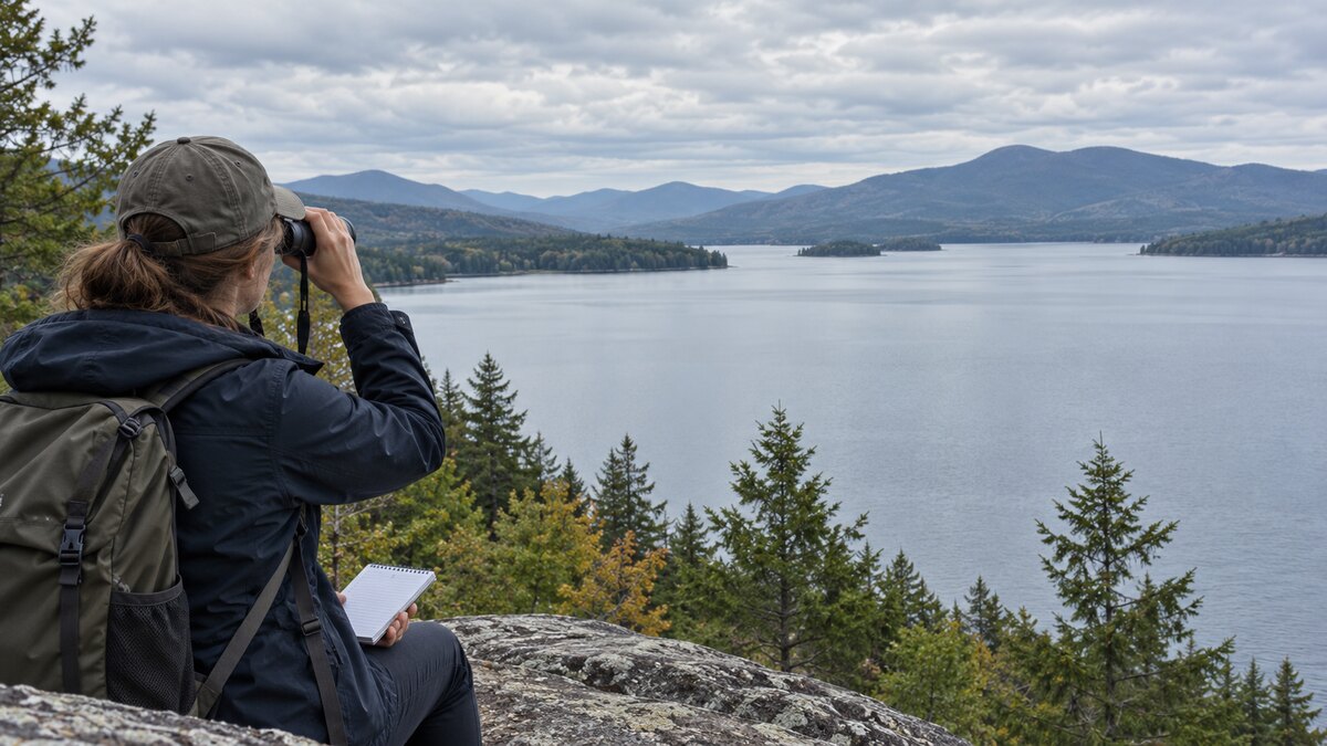 Ricostruzione editoriale di un osservatore con binocolo davanti a un grande lago degli Adirondack