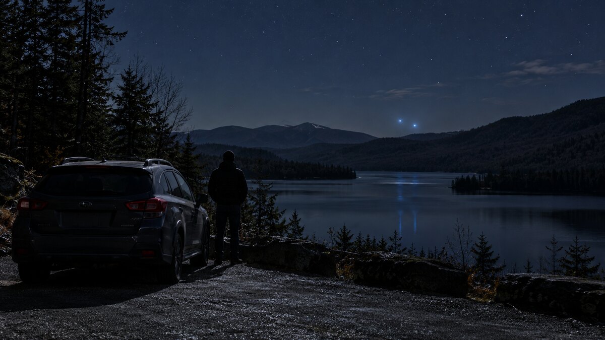 Ricostruzione editoriale di due luci blu sopra un lago degli Adirondack durante la notte