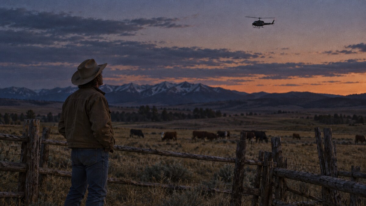 Ricostruzione editoriale di un allevatore del Colorado che osserva un elicottero al tramonto