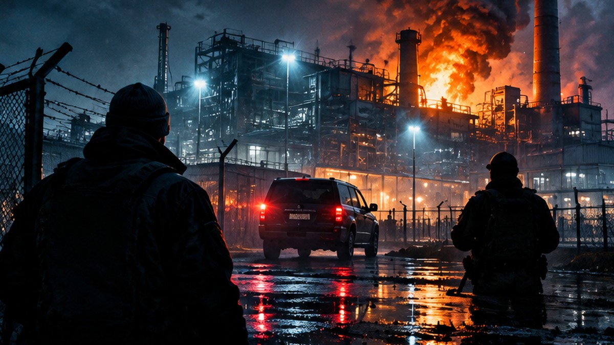 Illustrazione concettuale di un complesso industriale sorvegliato durante un incendio notturno
