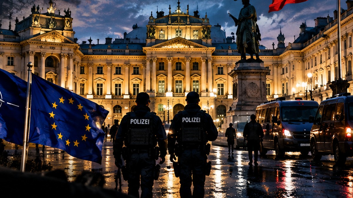Illustrazione concettuale di un centro diplomatico europeo sorvegliato durante la notte
