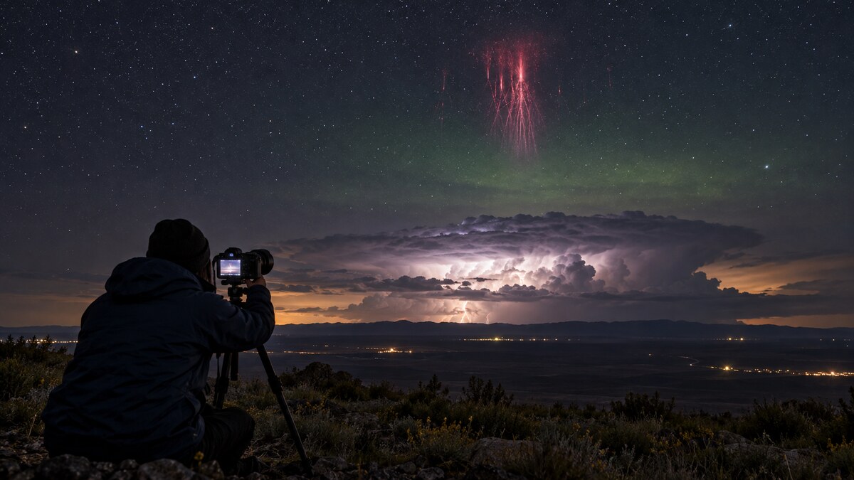 Un osservatore fotografa a grande distanza una tempesta e i deboli lampi sopra le nubi