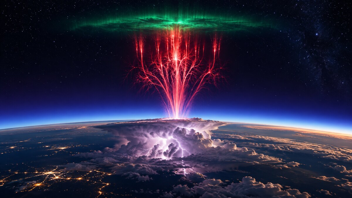 Illustrazione della tempesta, dello sprite rosso e del debole bagliore verde alle quote superiori