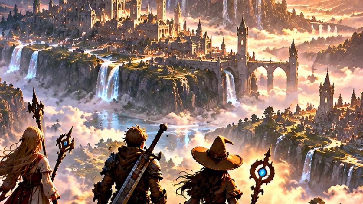 Ricostruzione illustrativa originale di una città fantastica con cristallo sospeso e avventurieri