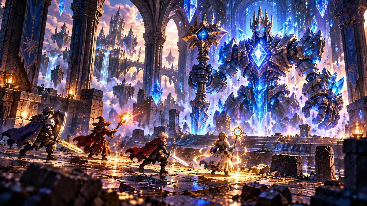 Illustrazione editoriale di quattro eroi fantasy contro un enorme guardiano di cristallo