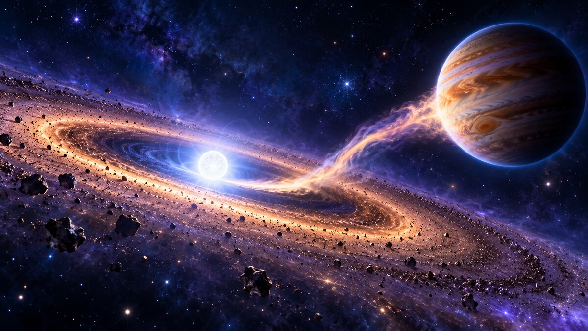 Ricostruzione artistica di un pianeta gigante che perde atmosfera verso una nana bianca