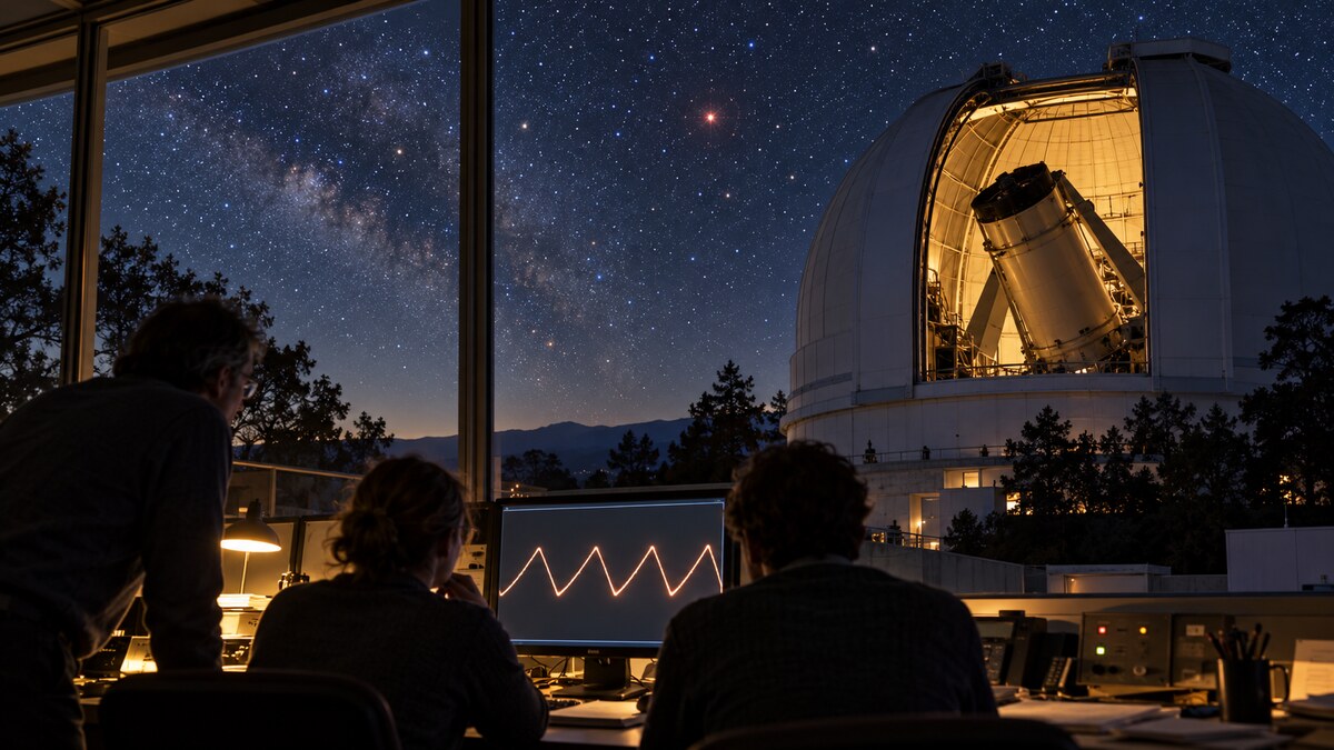 Ricostruzione editoriale di un osservatorio che rileva una curva di luce triangolare