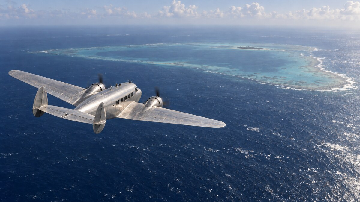 Ricostruzione editoriale di un Lockheed Electra in volo sopra un atollo del Pacifico