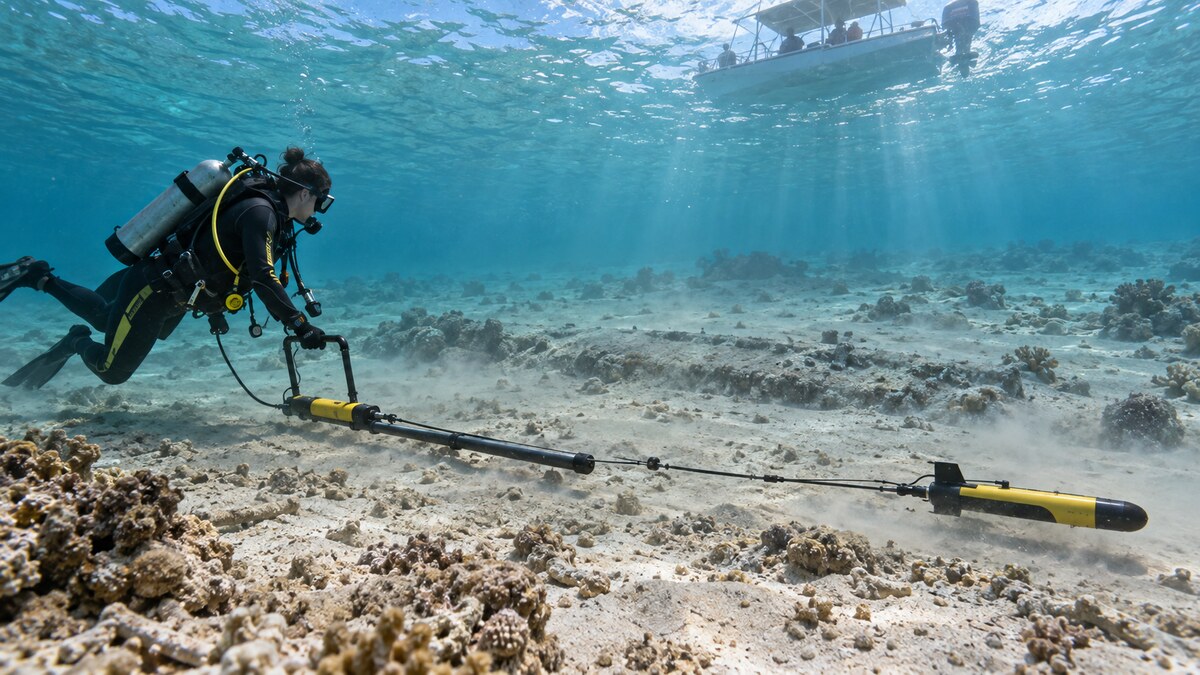 Ricostruzione editoriale di un rilievo subacqueo con magnetometro e sonar nella laguna