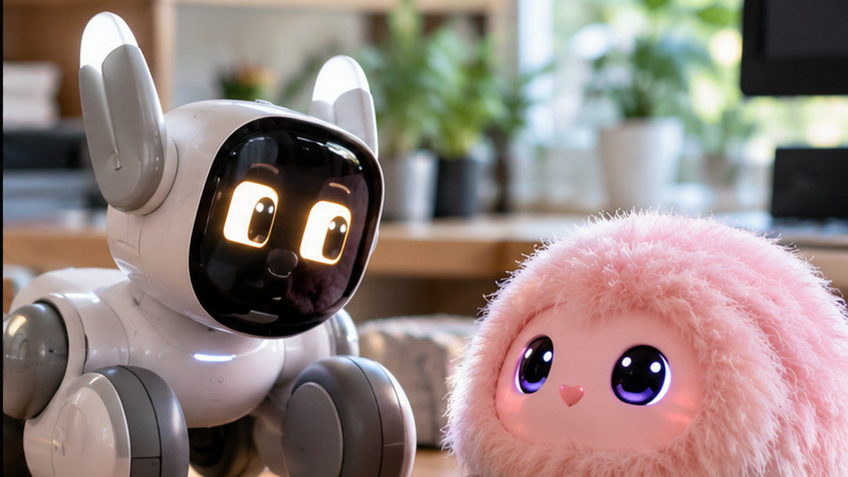 Ricostruzione editoriale di due diversi stili di robot da compagnia: mobile con schermo e morbido con espressioni digitali