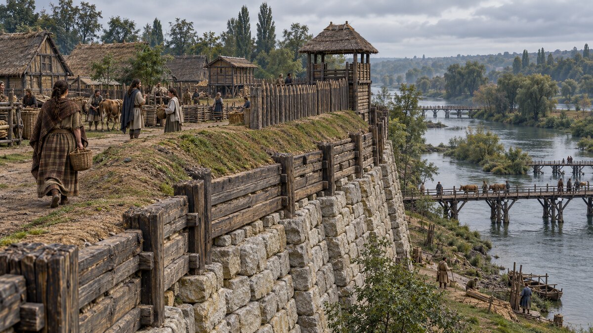 Ricostruzione editoriale di una fortificazione gallica dei Parisii su un’isola della Senna nel primo secolo avanti Cristo