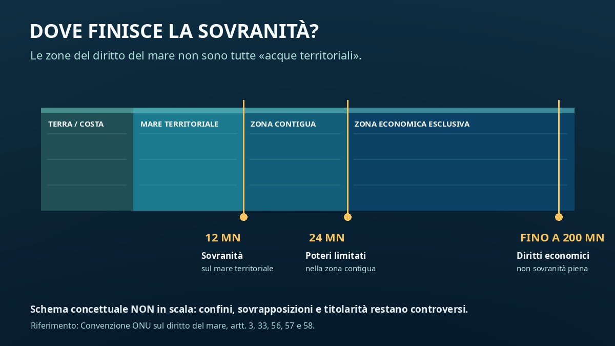 Schema concettuale delle zone del diritto del mare: 12, 24 e 200 miglia nautiche