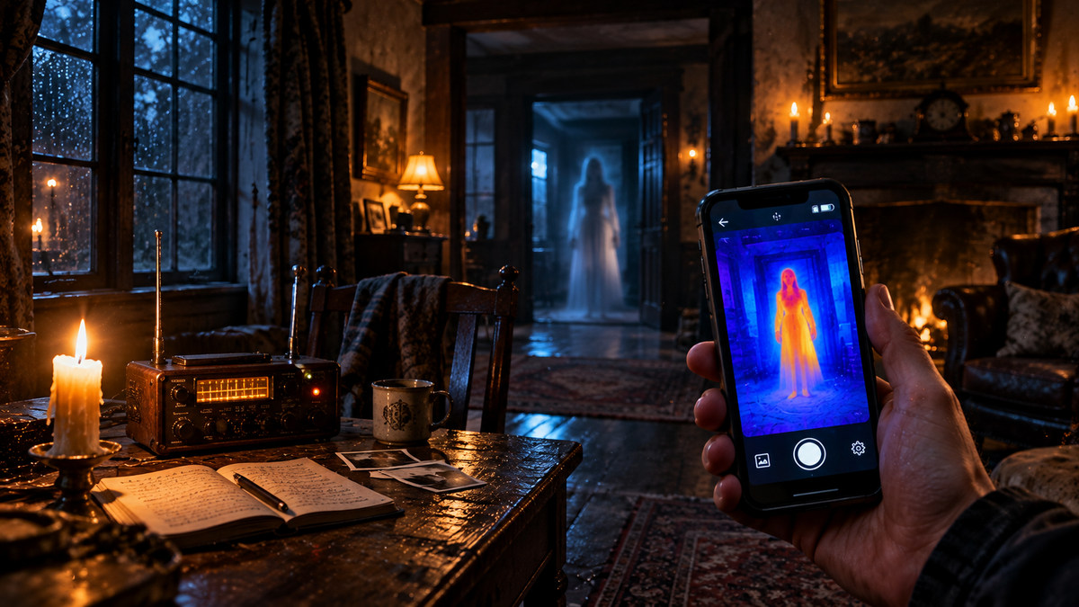 Una mano impugna uno smartphone con una sagoma termica, in una stanza antica con radio e candele, ricostruzione artistica