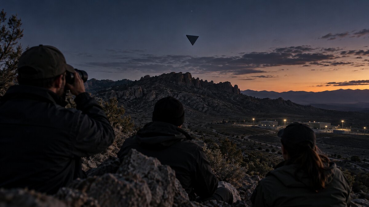 Ricostruzione editoriale di tre osservatori davanti a un oggetto triangolare sopra una cresta rocciosa