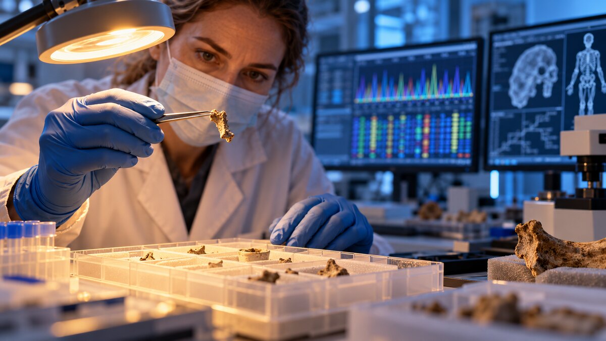 Ricostruzione editoriale dell’analisi di un frammento osseo in un laboratorio di paleogenetica