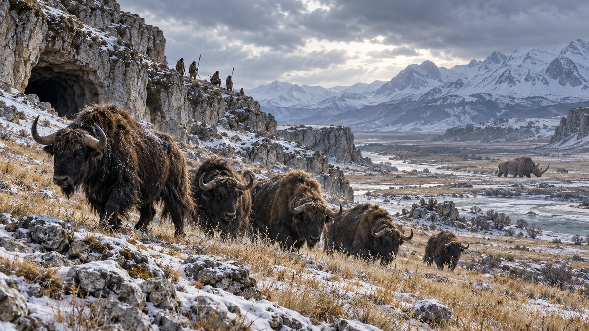 Ricostruzione editoriale di un branco di Yak X nella steppa dei mammut dell’Altai